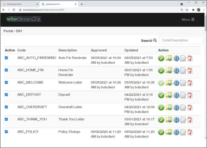 screenshot of the letter management dashboard