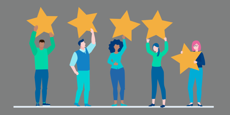 Improve CX in 2022 with an Effective Customer-Focused Marketing Strategy animated people holding stars above their heads