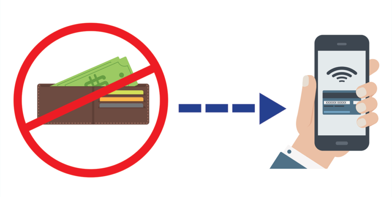 Mobile Wallets Leave Traditional Wallets in the Past wallet crossed out with a phone replacing it