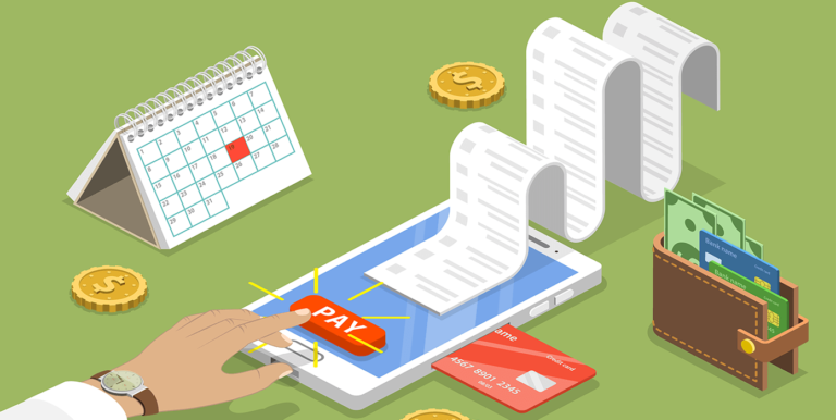 Animated person paying bills on their phone