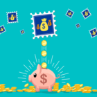 Image: piggy bank with postage stamps with money bags