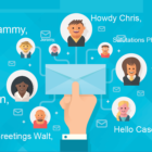 Image: person holding a letter with different faces in the background