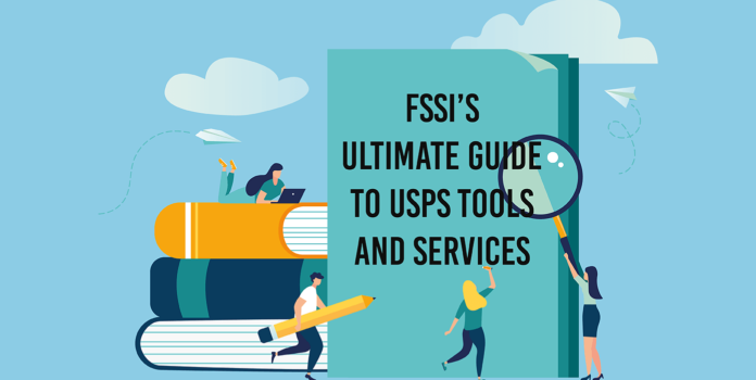 USPS Guide: Certified Mail, Postage Optimization, Return Mail Solutions, Address Cleansing, USPS Mailer Scorecard guide to the usps with people climbing on a huge book.