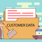 Image: Person sweeping with a big manilla folder in the background that says customer data