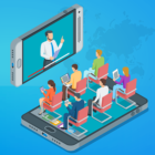 Image: Animated people sitting on a phone watching a virtual event
