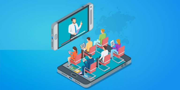 How to Create a Successful Virtual Event Animated people sitting on a phone watching a virtual event