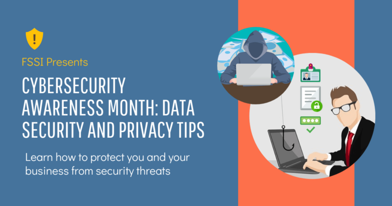 data security and privacy tips for cybersecurity awareness month cybersecurity awareness month header with man on a computer and a hacker.