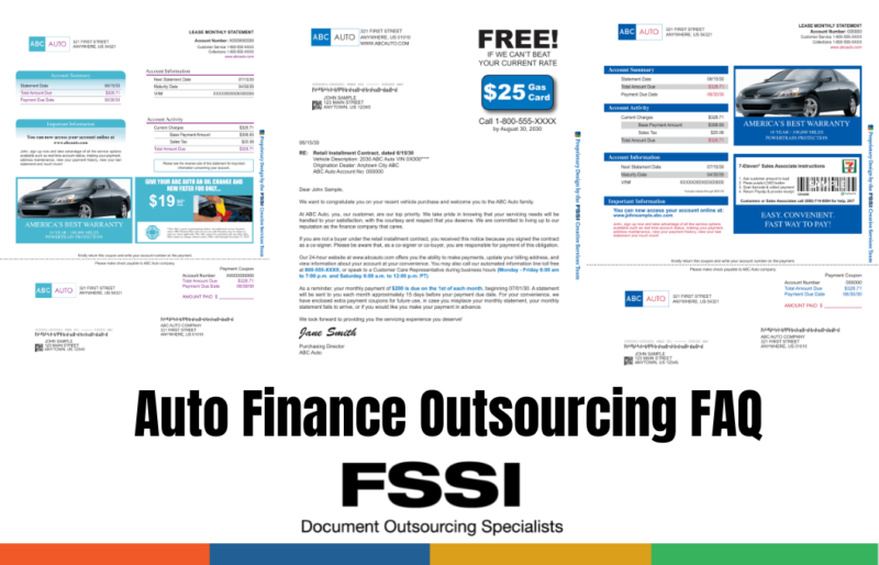3 printed auto finance documents including statements and a marketing letter