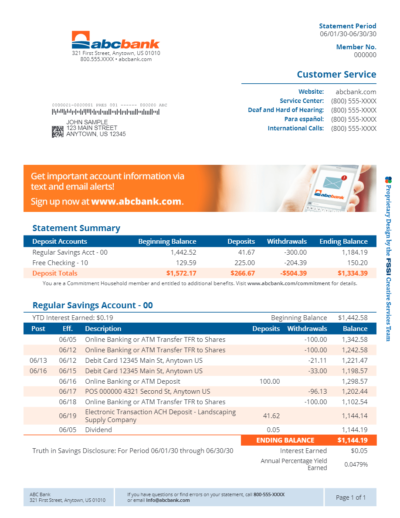 example of a financial document printed at fssi