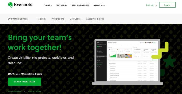 Screenshot of the Evernote website.