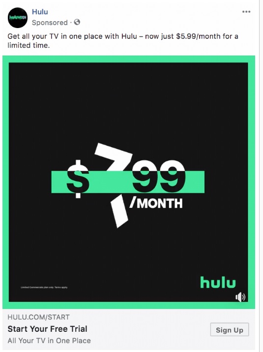 hulu cta example Screenshot of a Hulu Sponsored Ad.