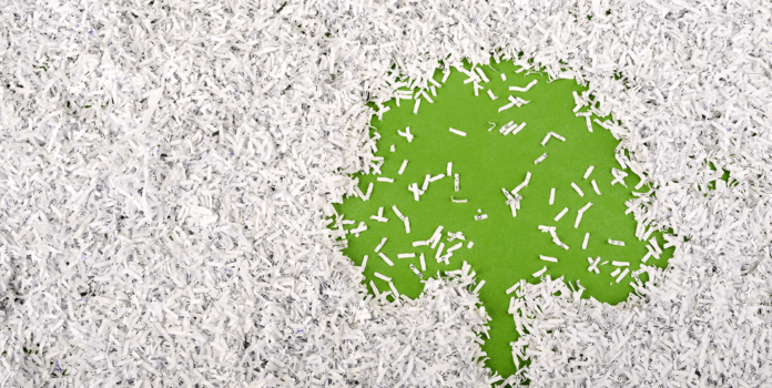 shreds of paper forming a tree shape.