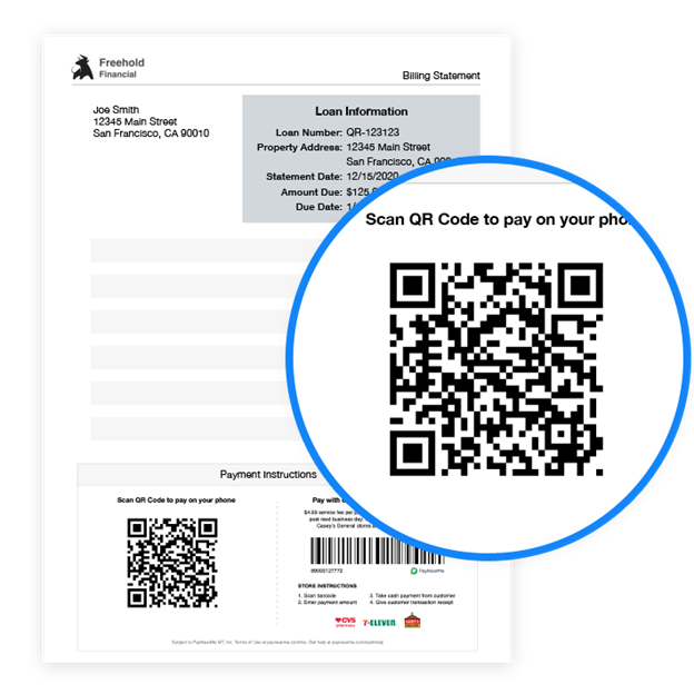 examples of qr codes usage on monthly statements billing statement with a QR code highlighted.