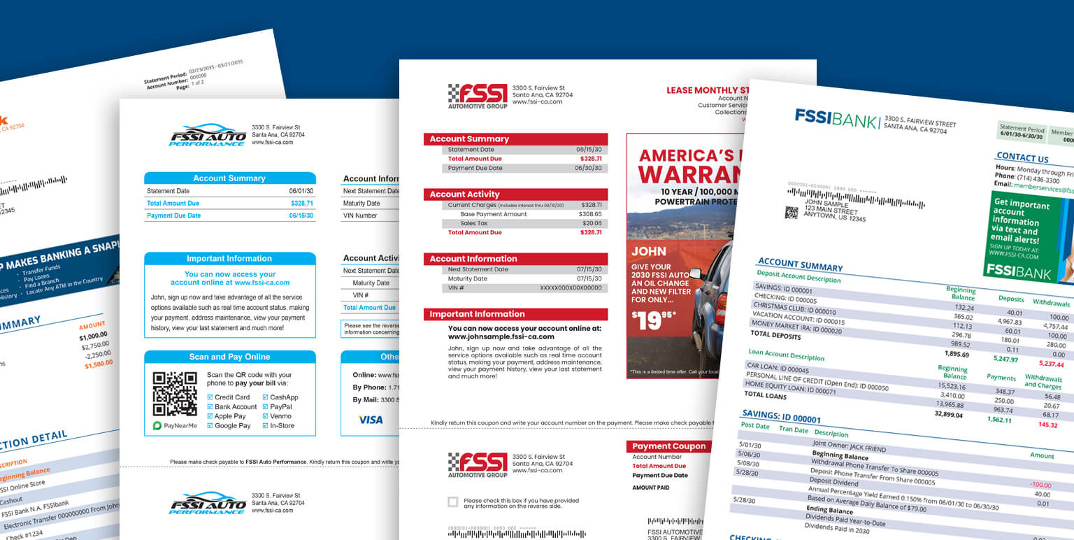 Transactional print samples including financial statements, utility bills, and 1099 tax documents
