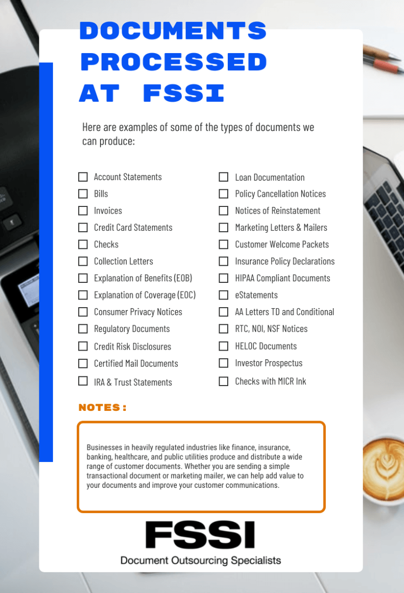 List of Transactional and Marketing Documents Printed and Mailed at FSSI.